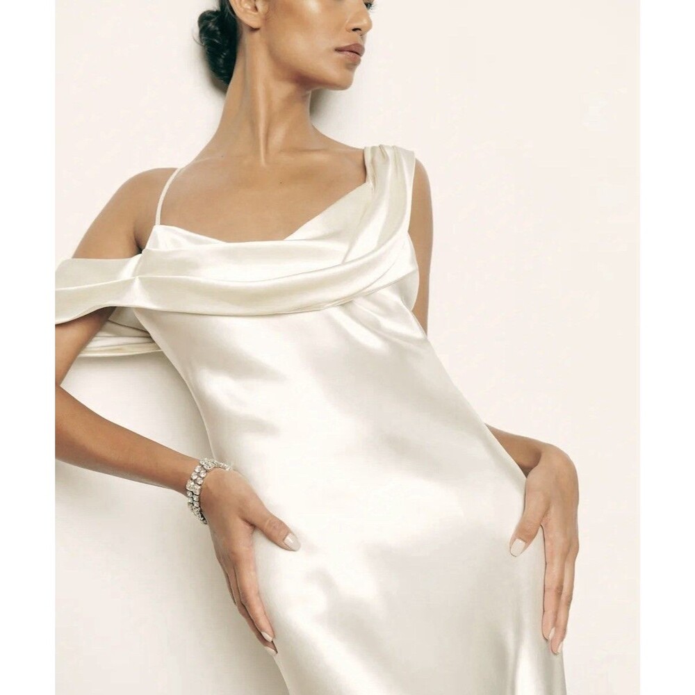 Reformation Ronda Silk Dress Ivory Maxi Wedding Gown Cowl Neck Elegant Size 4 - Picture 5 of 14
